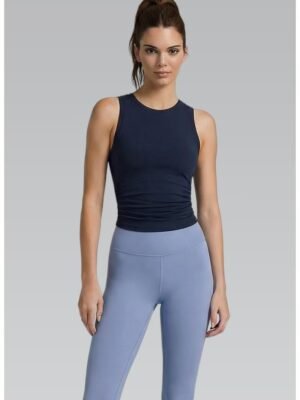 Custom women's yoga tank top in cotton-spandex fabric, classic crew neck with open back design, fitted silhouette, moisture-wicking and cooling