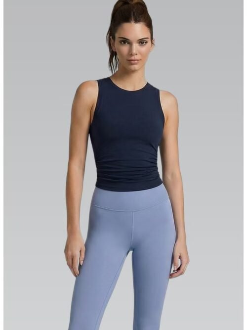 Custom women's yoga tank top in cotton-spandex fabric, classic crew neck with open back design, fitted silhouette, moisture-wicking and cooling