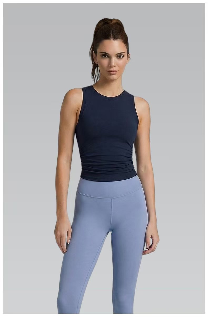 Custom women's yoga tank top in cotton-spandex fabric, classic crew neck with open back design, fitted silhouette, moisture-wicking and cooling