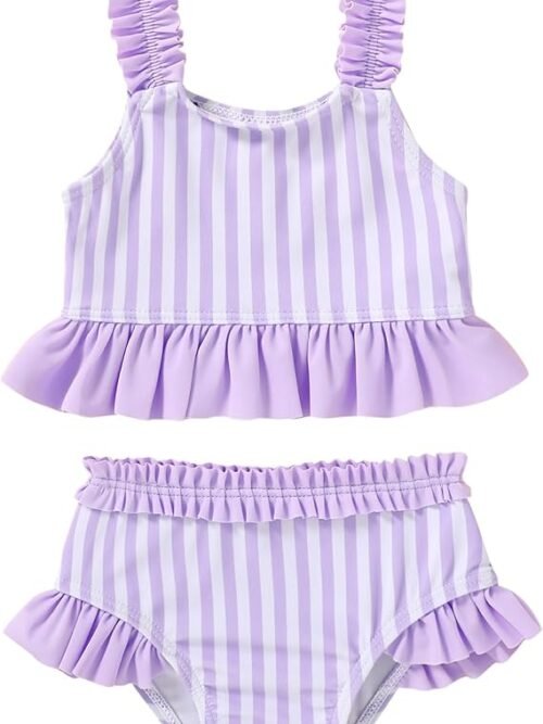 Custom girls two-piece swimsuit with UPF 50 sun protection, 4-way stretch fabric, classic crew neck, perfect for swimming and water play