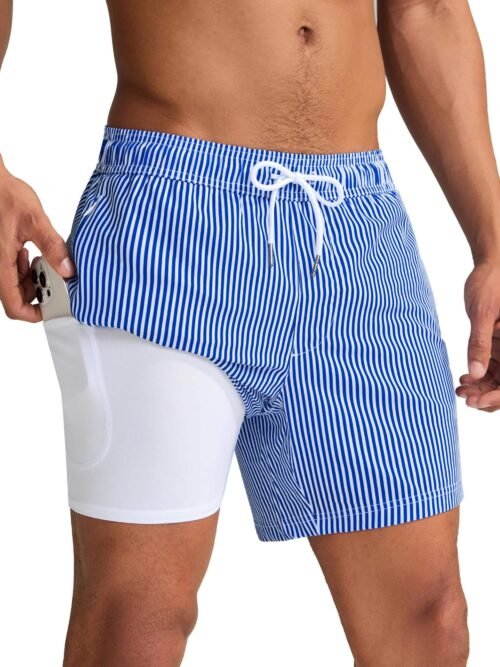 Men's 5-inch swim trunks with compression liner, quick-dry 4-way stretch fabric, deep mesh side pockets and phone pocket for swimming and beach