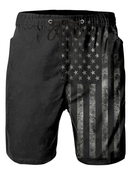 Men's black swim trunks with grey American flag print, quick-dry mesh liner beach shorts with side pocket and back Velcro pocket