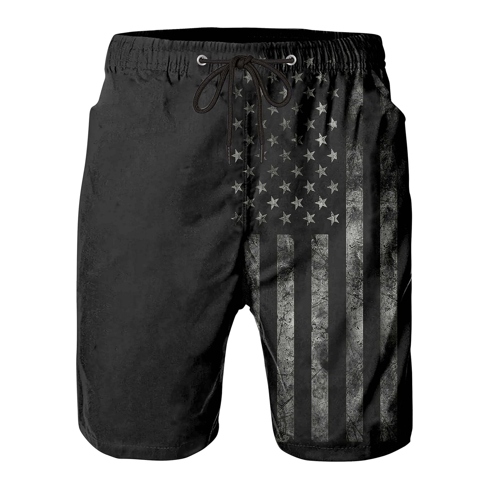 Men's black swim trunks with grey American flag print, quick-dry mesh liner beach shorts with side pocket and back Velcro pocket