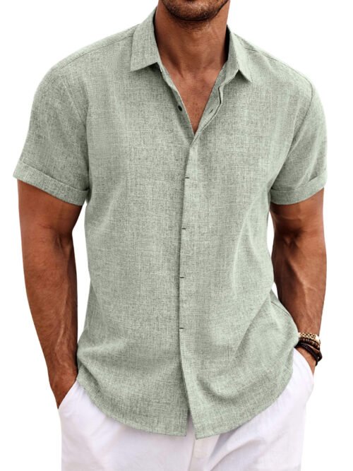 Men's short sleeve linen button-down shirt in blue, lightweight breathable fabric perfect for summer beach and wedding wear