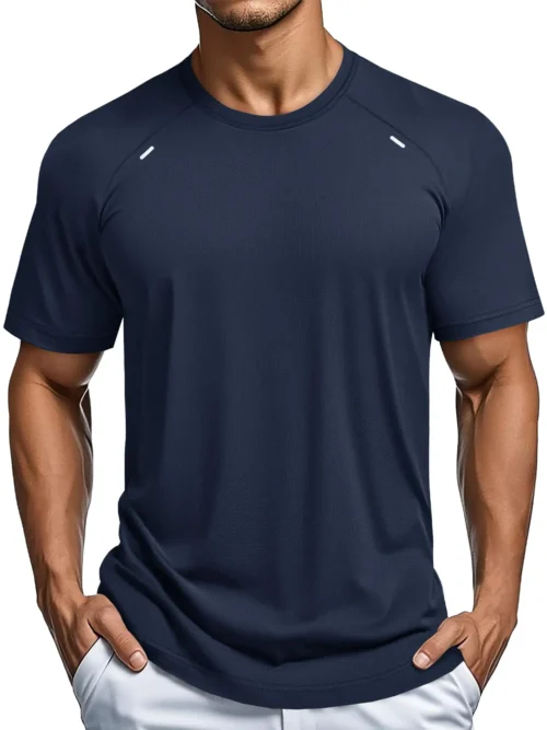 Men's athletic mesh running top in deep navy, lightweight moisture-wicking fabric with 4-way stretch and reflective details on sleeves and back collar