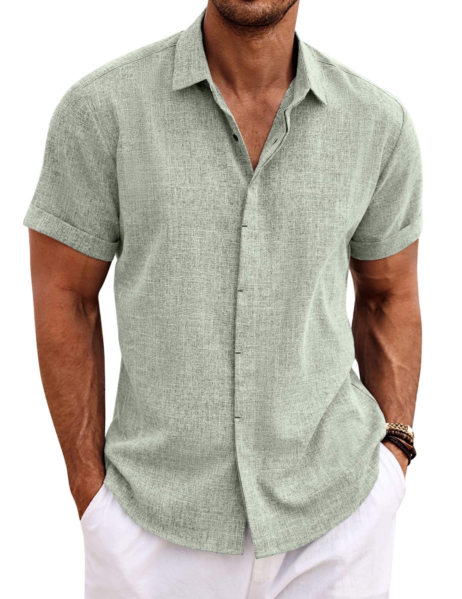 Men's short sleeve linen button-down shirt in blue, lightweight breathable fabric perfect for summer beach and wedding wear