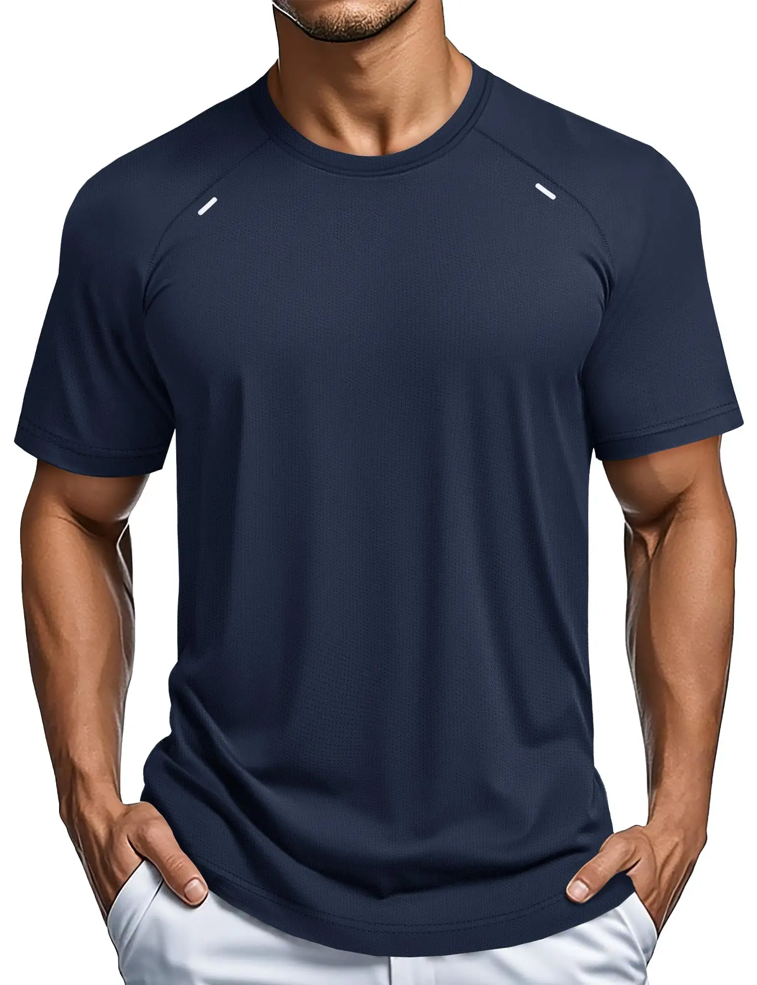 Men's athletic mesh running top in deep navy, lightweight moisture-wicking fabric with 4-way stretch and reflective details on sleeves and back collar