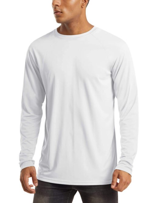 Men's white UPF 50 plus long sleeve sun protection shirt with lightweight quick-dry fabric for hiking running and outdoor activities