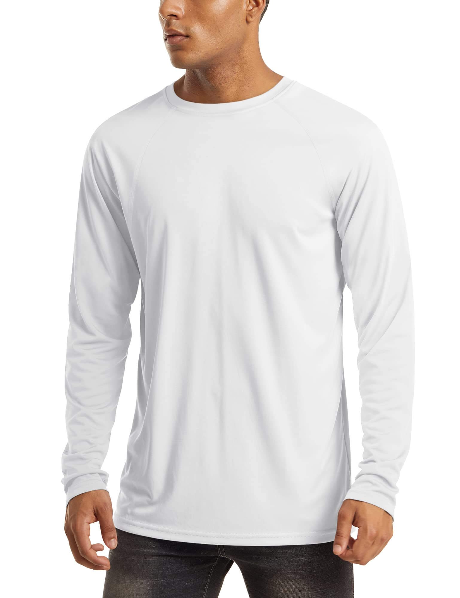 Men's white UPF 50 plus long sleeve sun protection shirt with lightweight quick-dry fabric for hiking running and outdoor activities