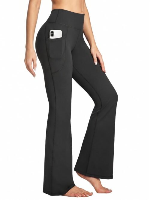 Women's black wide leg flare yoga pants with pockets and high waist tummy control, versatile bootcut for office and yoga
