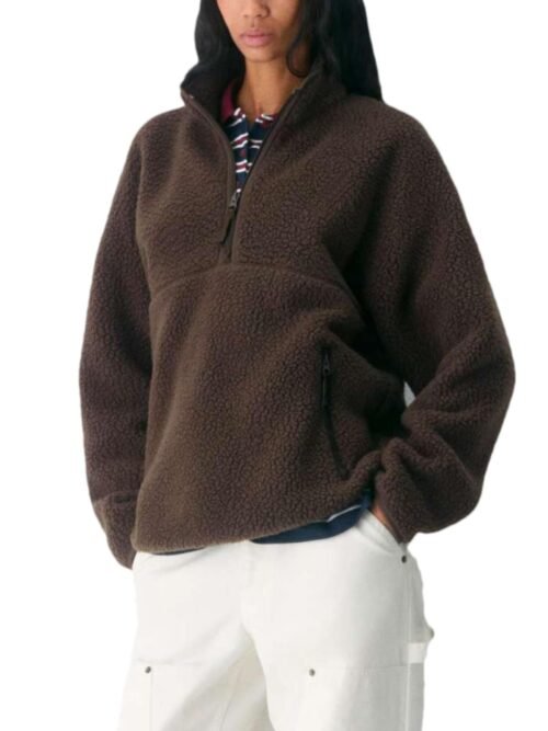 Women's oversized half-zip sherpa fleece pullover jacket with side pockets, fuzzy teddy texture, cozy warm top for fall winter casual wear
