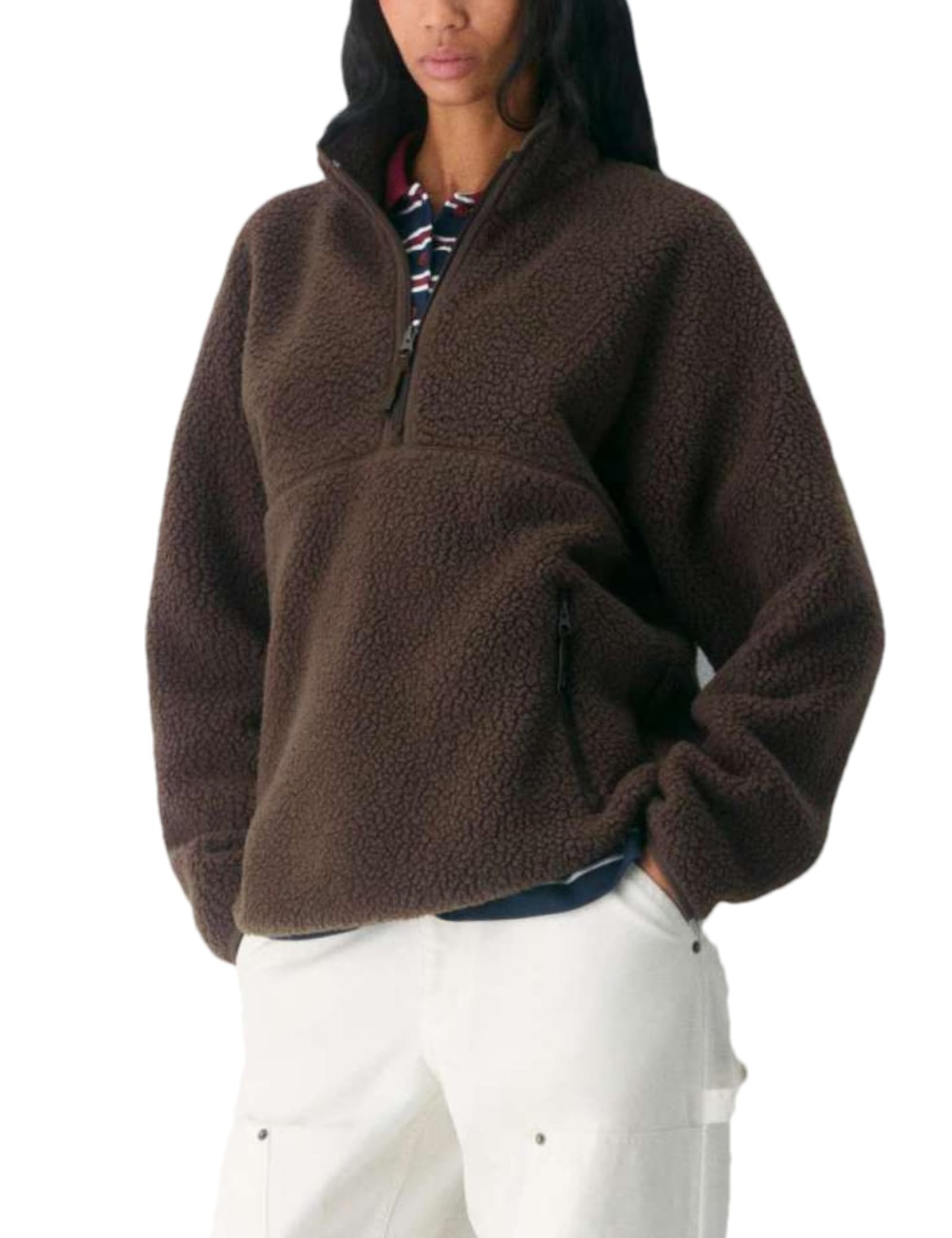 Women's oversized half-zip sherpa fleece pullover jacket with side pockets, fuzzy teddy texture, cozy warm top for fall winter casual wear