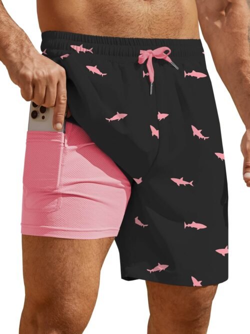 Men's black swim trunks with pink fish print, 2-in-1 compression liner, quick-dry beach shorts with pockets