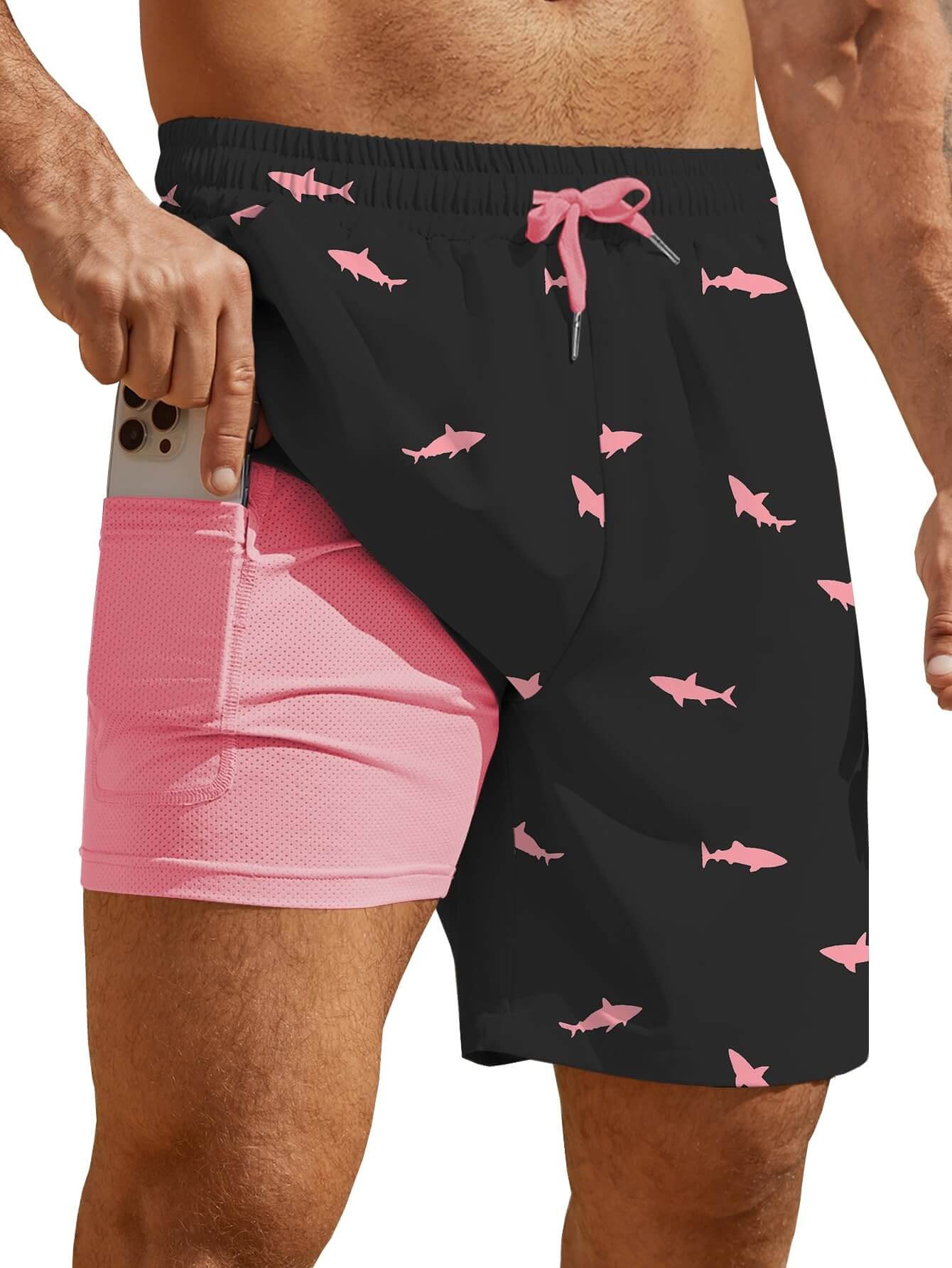 Men's black swim trunks with pink fish print, 2-in-1 compression liner, quick-dry beach shorts with pockets