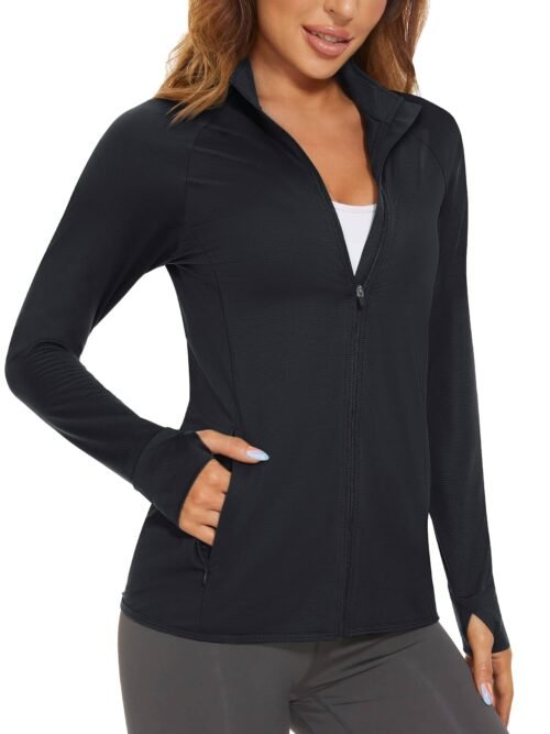 Women's black UPF 50 plus lightweight sun protection jacket with full-zip, stand-up collar, side zipper pockets, inner pockets, and thumbholes for hiking and running