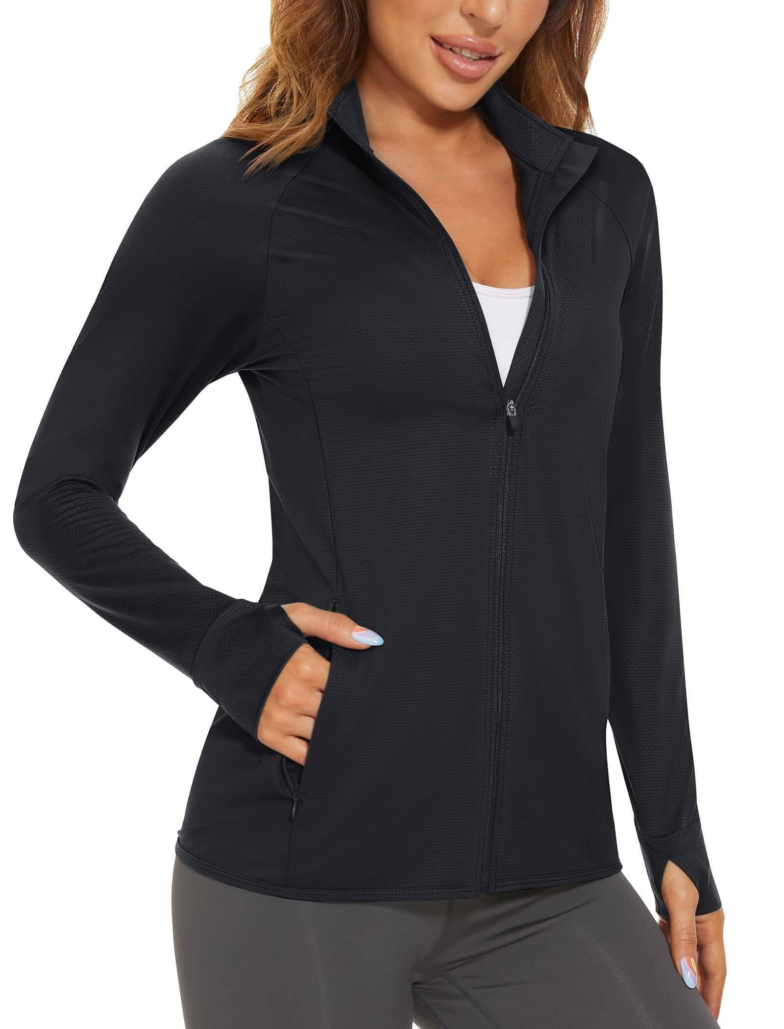 Women's black UPF 50 plus lightweight sun protection jacket with full-zip, stand-up collar, side zipper pockets, inner pockets, and thumbholes for hiking and running