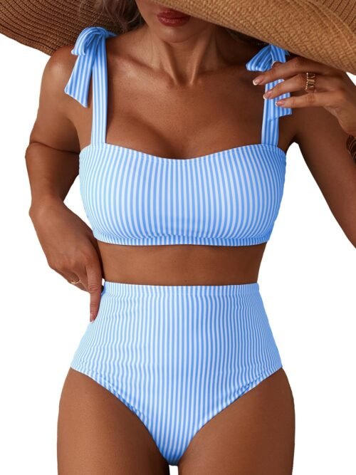 Women's blue and white stripe bikini set with tie-shoulder straps, 85% polyester 15% spandex 200g fabric with UPF 50 plus sun protection for beach and pool