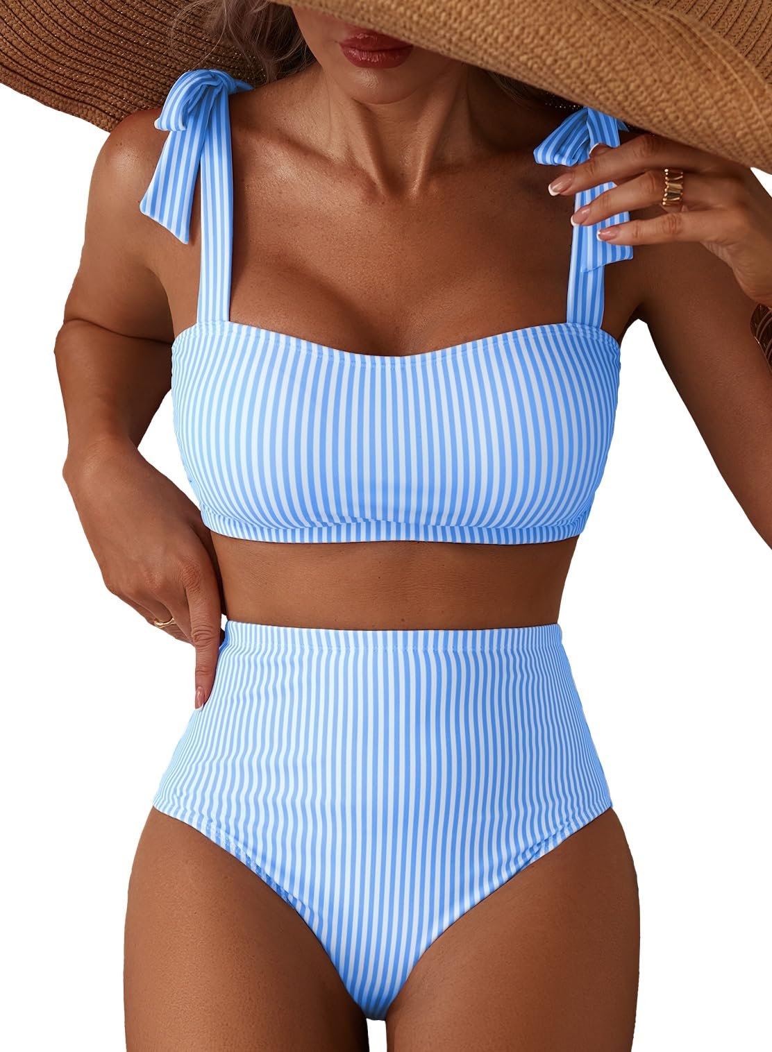 Women's blue and white stripe bikini set with tie-shoulder straps, 85% polyester 15% spandex 200g fabric with UPF 50 plus sun protection for beach and pool