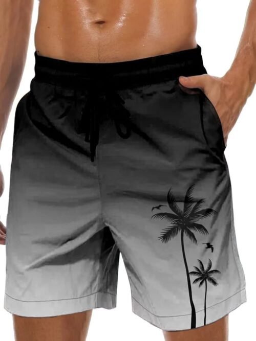 Men's gradient grey swim trunks with large coconut tree print, quick-dry Hawaiian beach shorts with mesh liner and pockets