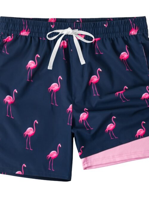Men's navy blue swim trunks with vibrant pink flamingo all-over sublimated print, quick-dry beach shorts with mesh liner and pockets