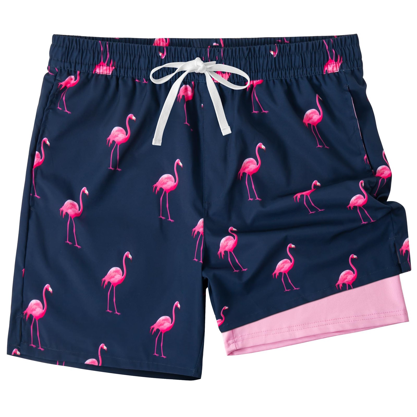 Men's navy blue swim trunks with vibrant pink flamingo all-over sublimated print, quick-dry beach shorts with mesh liner and pockets