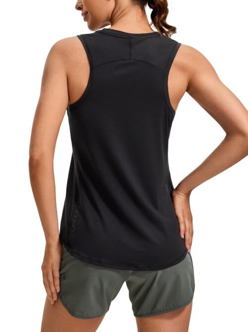 Women's black lightweight high neck racerback tank top with UPF 50 plus sun protection, moisture-wicking fabric for running and yoga