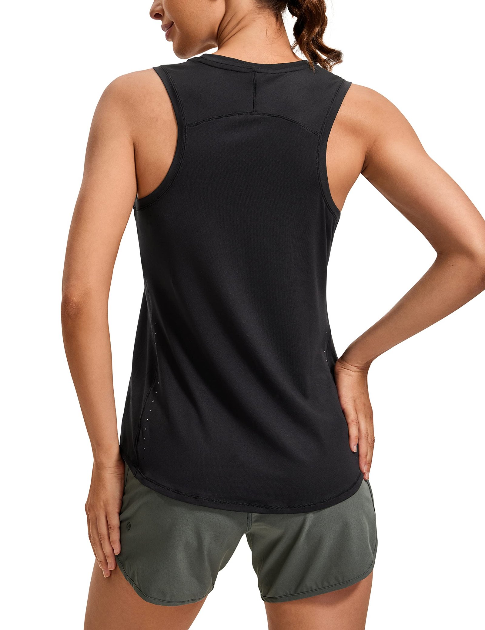 Women's black lightweight high neck racerback tank top with UPF 50 plus sun protection, moisture-wicking fabric for running and yoga