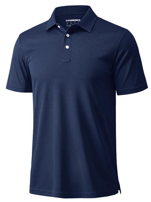 Men's navy blue 3-button quick dry golf polo shirt with pique knit moisture-wicking fabric for golf work and casual wear
