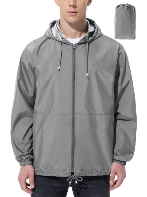 Men's grey waterproof rain jacket with elastic cuffs, adjustable hem, and utility pockets. Windproof lightweight outerwear for hiking and outdoor activities