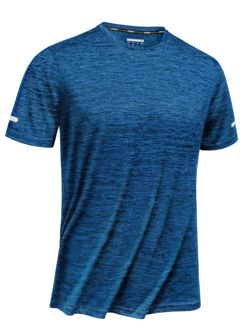 Men's cationic running t-shirt in blue with reflective cuff strips, soft moisture-wicking fabric for gym and running