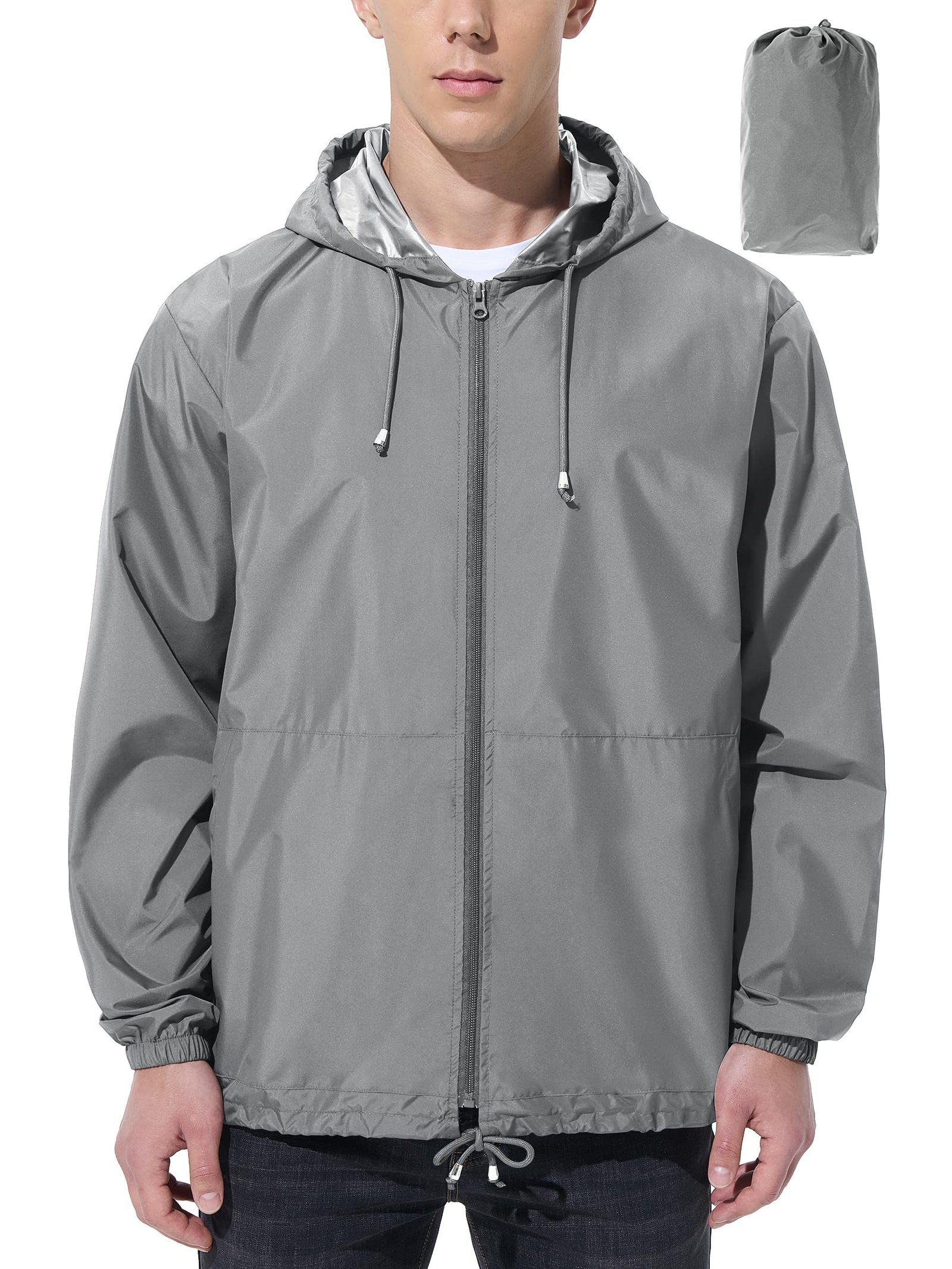 Men's grey waterproof rain jacket with elastic cuffs, adjustable hem, and utility pockets. Windproof lightweight outerwear for hiking and outdoor activities