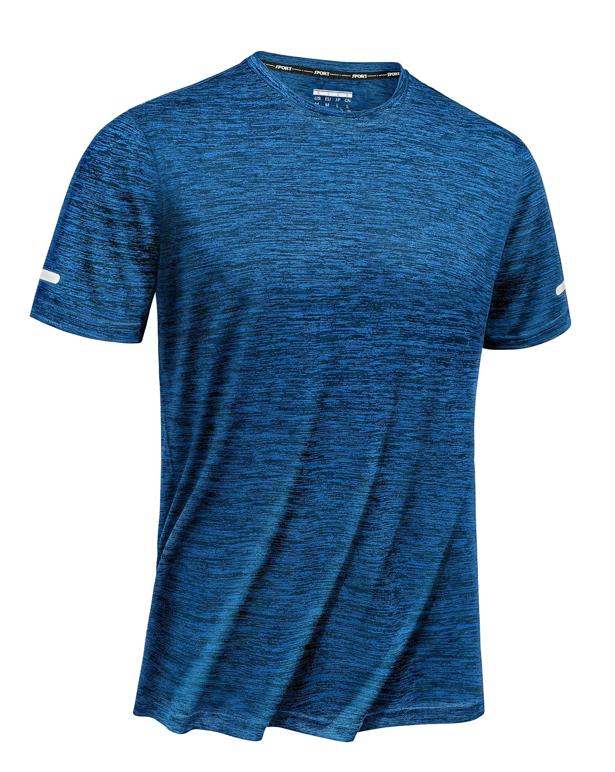 Men's cationic running t-shirt in blue with reflective cuff strips, soft moisture-wicking fabric for gym and running