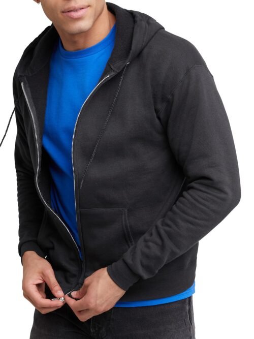 Men's grey fleece full-zip hoodie with drawstring hood and front pockets, soft cotton-poly blend casual zip-up sweatshirt for everyday wear