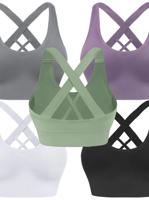 Women's criss cross strappy sports bra in 5 colors, padded medium support seamless yoga bra with removable cups for gym and workout