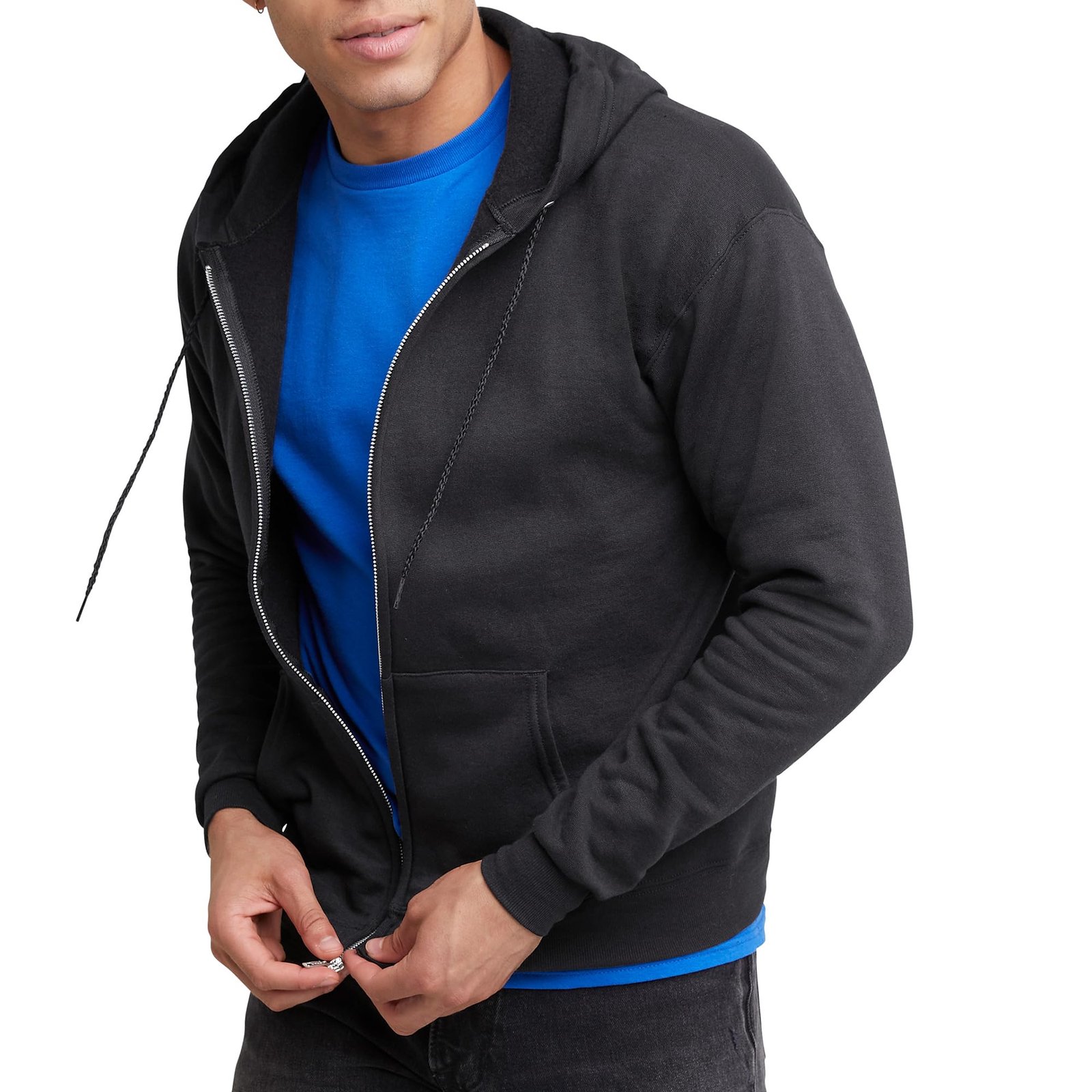 Men's grey fleece full-zip hoodie with drawstring hood and front pockets, soft cotton-poly blend casual zip-up sweatshirt for everyday wear