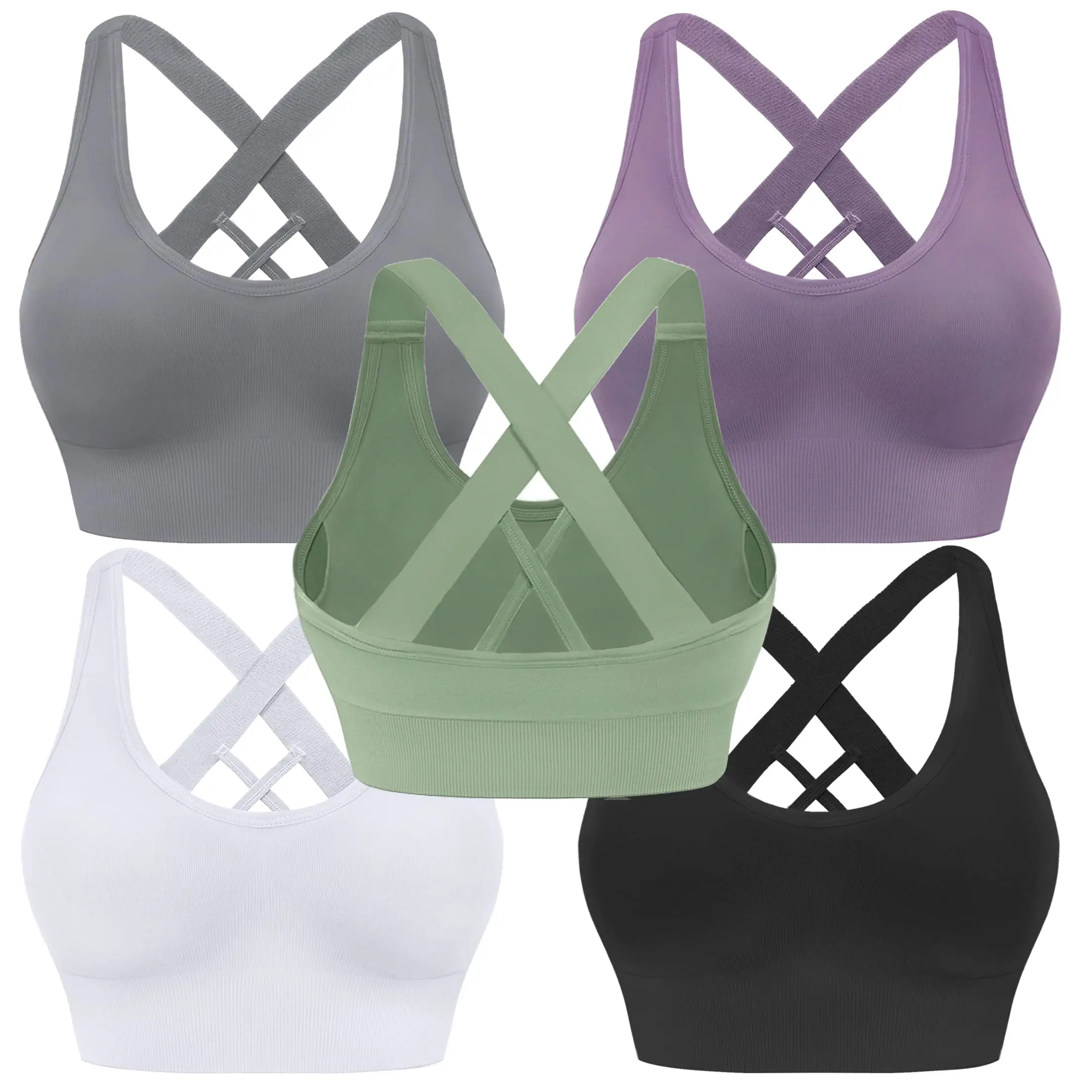 Women's criss cross strappy sports bra in 5 colors, padded medium support seamless yoga bra with removable cups for gym and workout