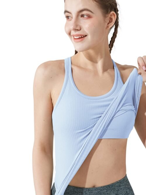 womens blue padded racerback tank with soft ribbed seamless fabric and built-in bra for yoga and gym