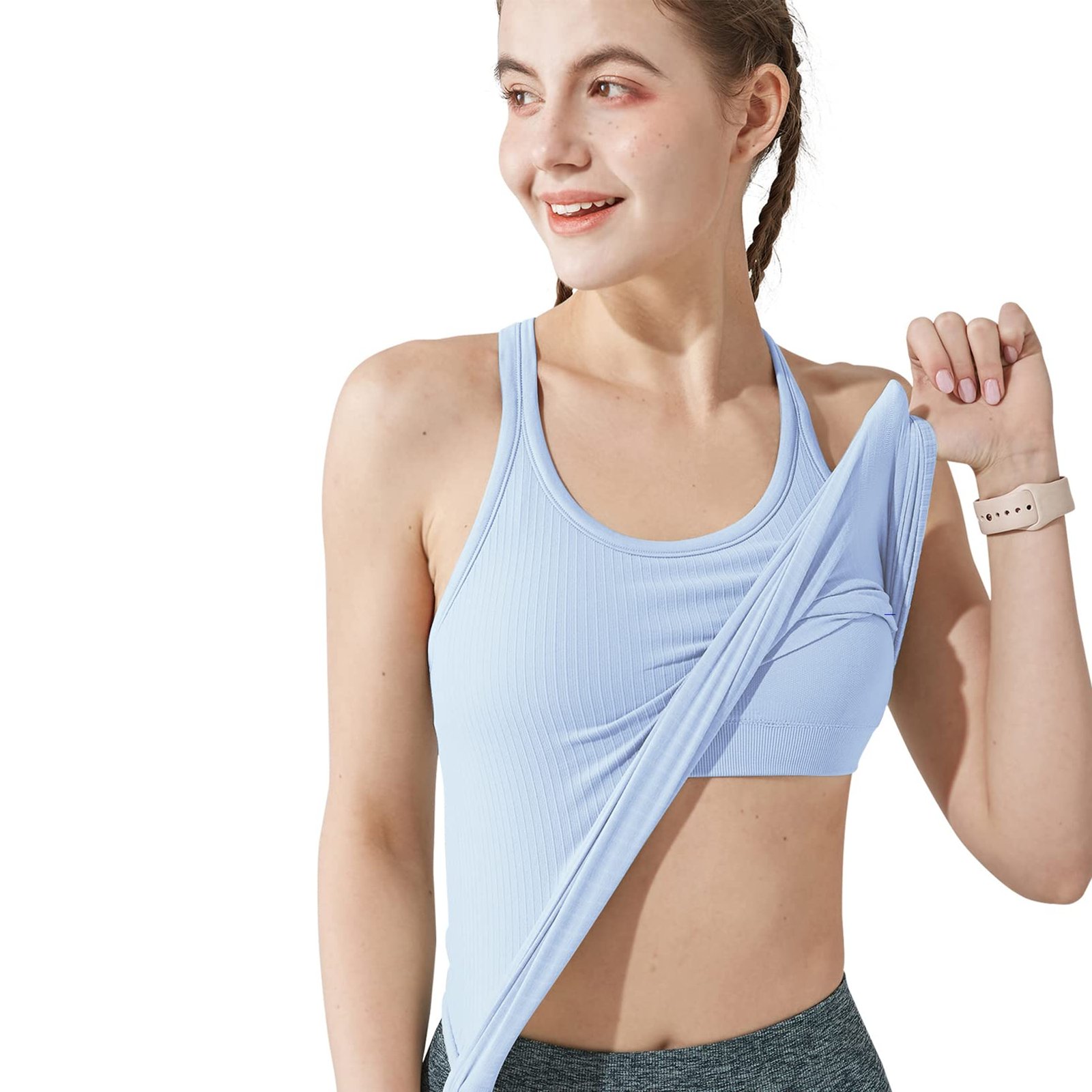 womens blue padded racerback tank with soft ribbed seamless fabric and built-in bra for yoga and gym