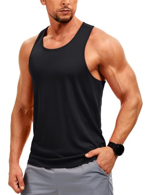 Men's black sleeveless workout tank top with Y-back design, tag-free construction, and flat-lock seams for zero chafing
