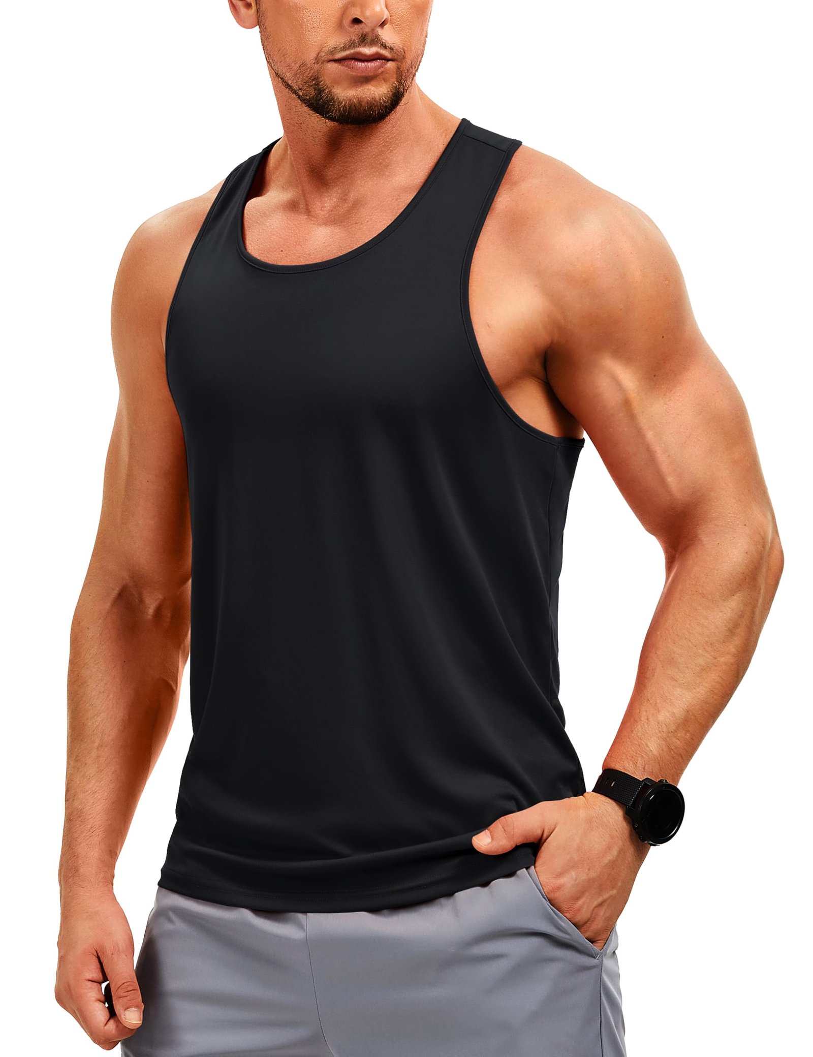 Men's black sleeveless workout tank top with Y-back design, tag-free construction, and flat-lock seams for zero chafing