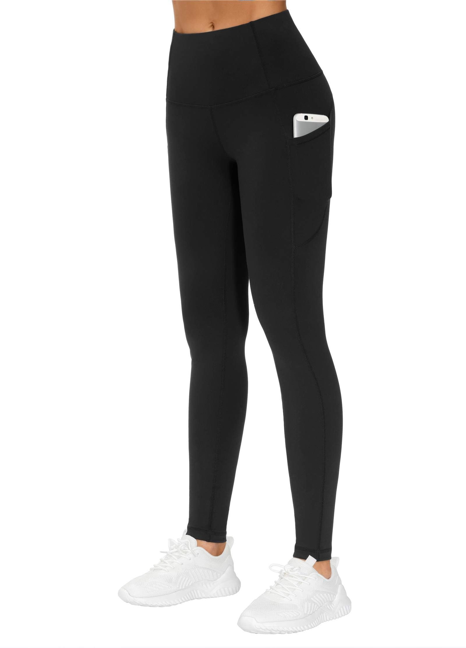 Women's Thick High Waist Yoga Pants with Pockets - Tummy Control / 4-Way Stretch / Black - Image 2