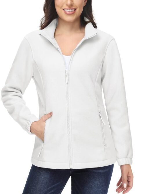 Women's off-white polar fleece zip-up jacket with pockets, lightweight soft long sleeve coat for fall winter casual wear