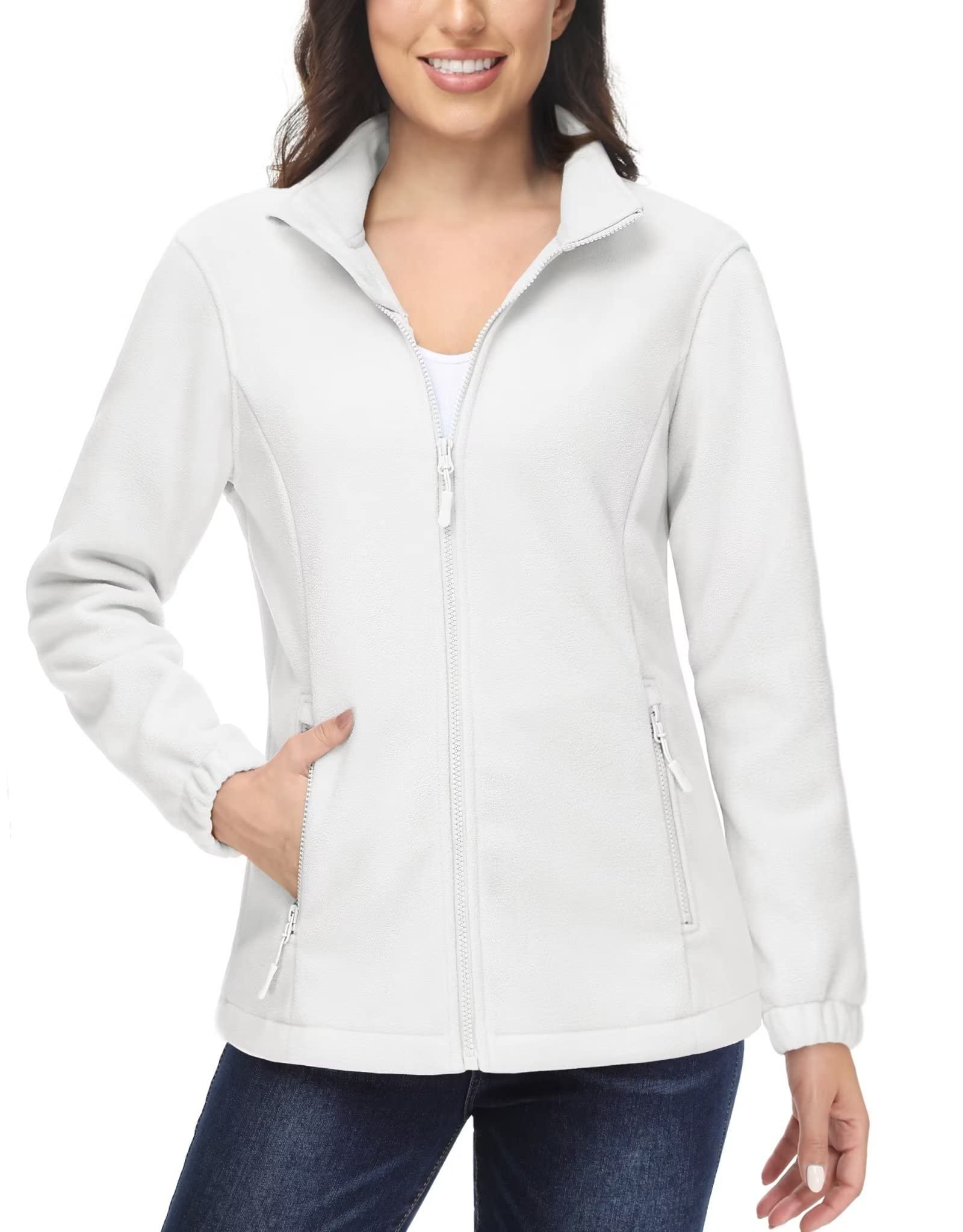 Women's off-white polar fleece zip-up jacket with pockets, lightweight soft long sleeve coat for fall winter casual wear