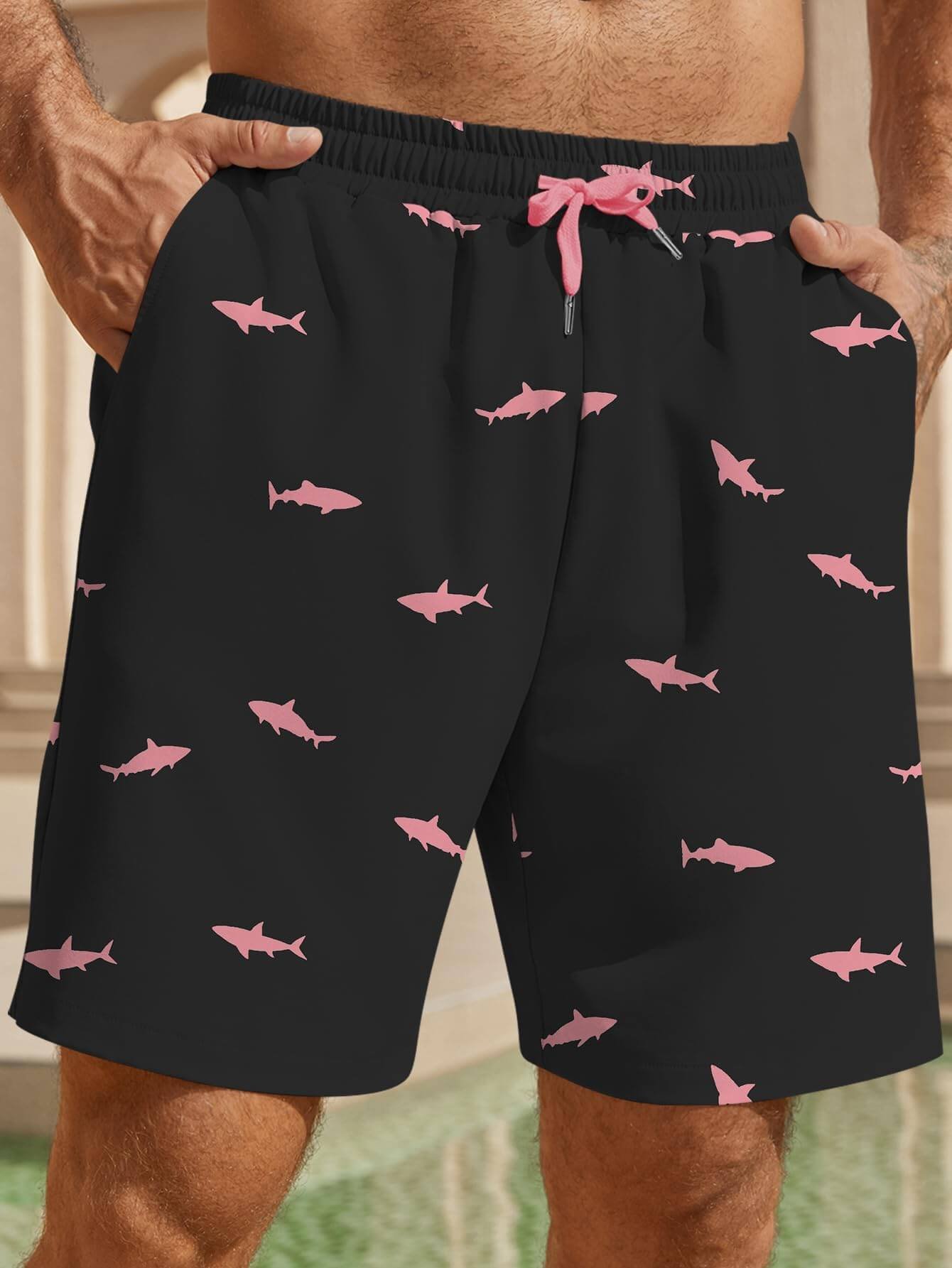 Men's 2-in-1 Swim Trunks with Pink Fish Print - Compression Liner & Quick-Dry Beach Shorts - Image 2