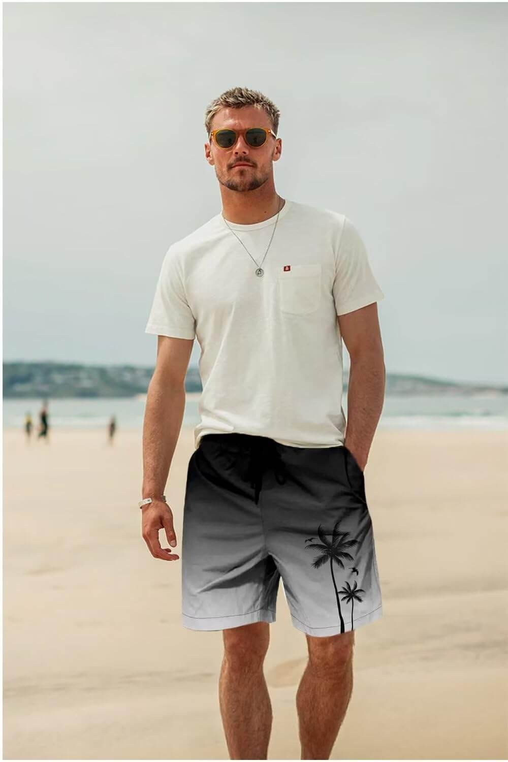 Men's Hawaiian Palm Tree Swim Trunks - Gradient Grey / Quick-Dry with Mesh Liner & Pockets - Image 2