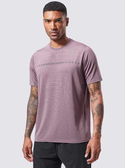 Men's purple quick dry crew neck t-shirt worn by model, 190g 86% polyester 14% spandex performance fabric for running and gym