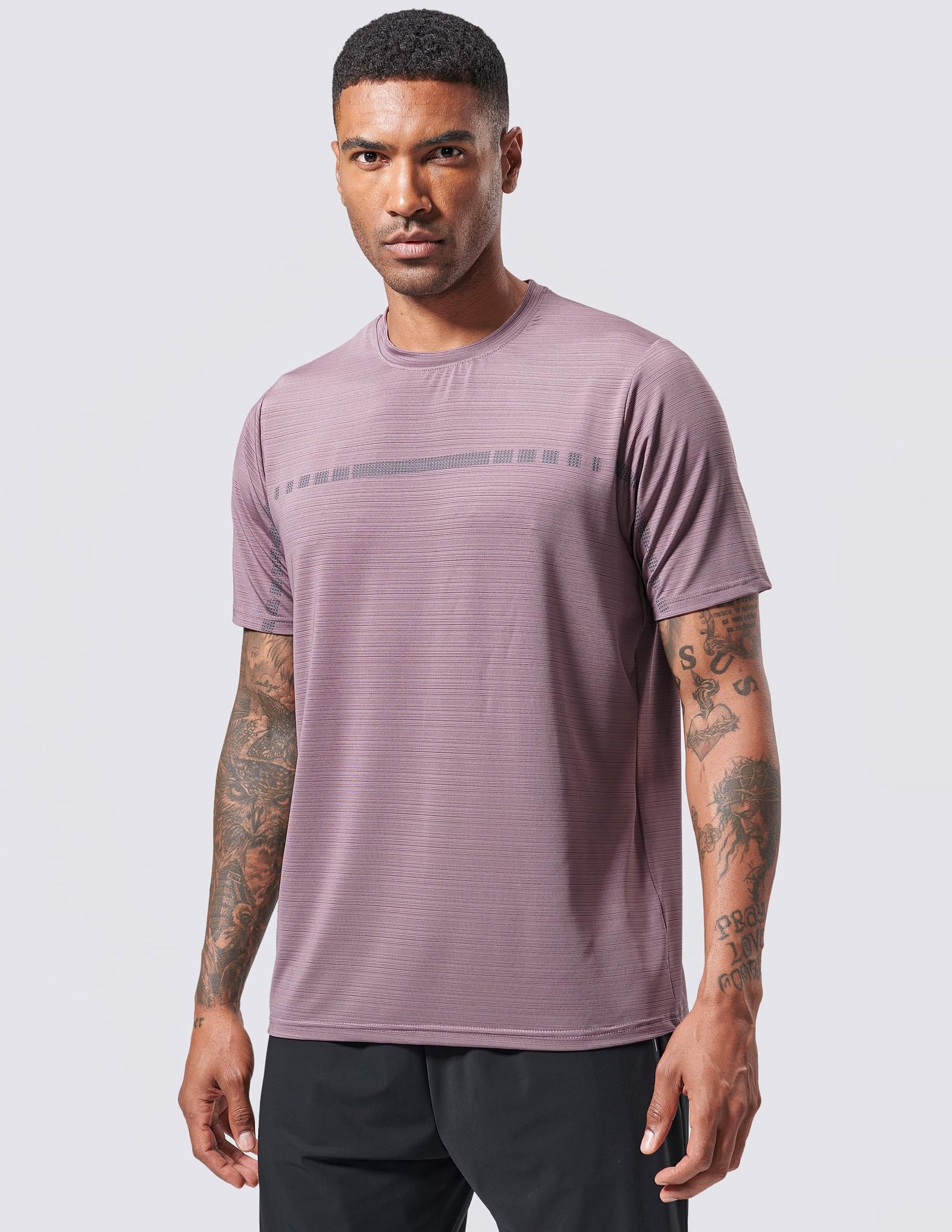 Men's purple quick dry crew neck t-shirt worn by model, 190g 86% polyester 14% spandex performance fabric for running and gym