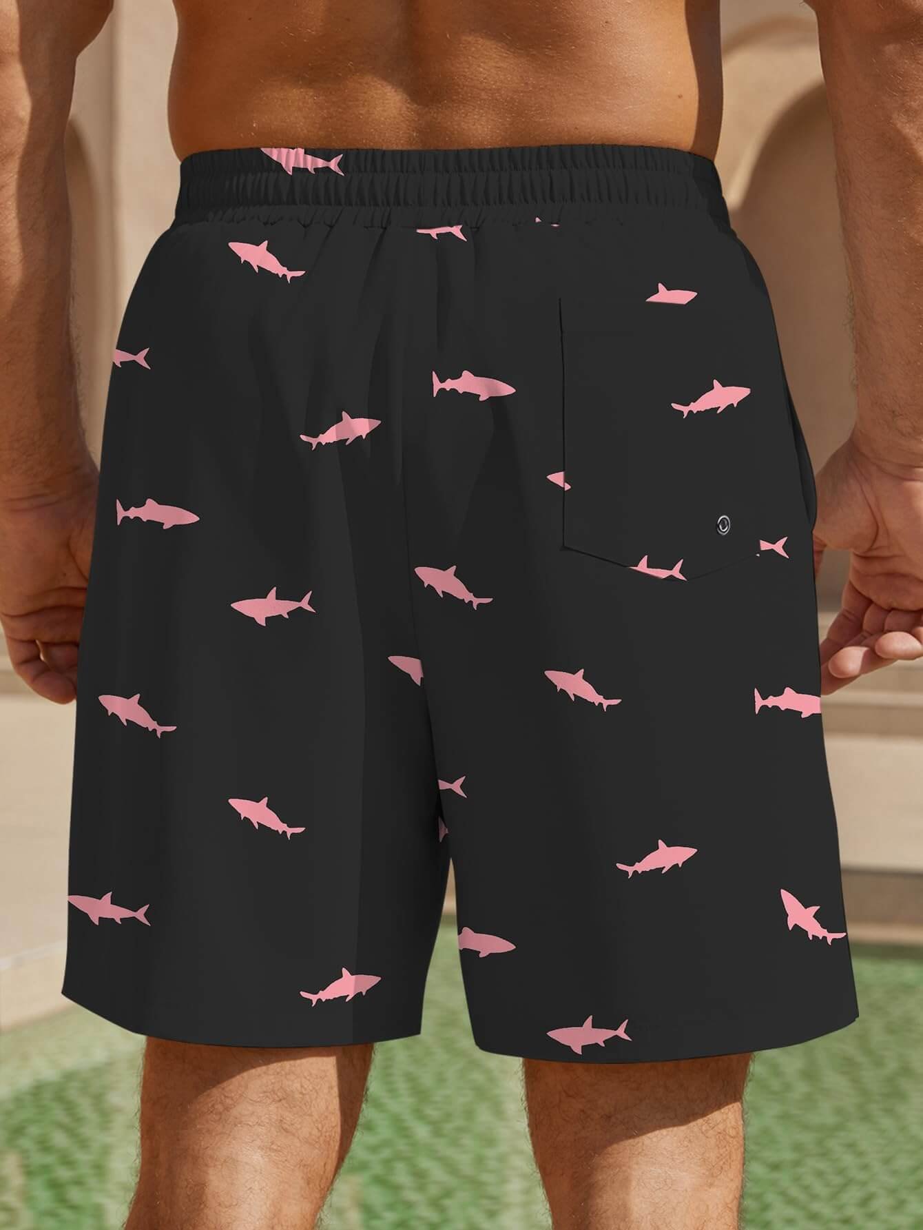 Men's 2-in-1 Swim Trunks with Pink Fish Print - Compression Liner & Quick-Dry Beach Shorts - Image 3