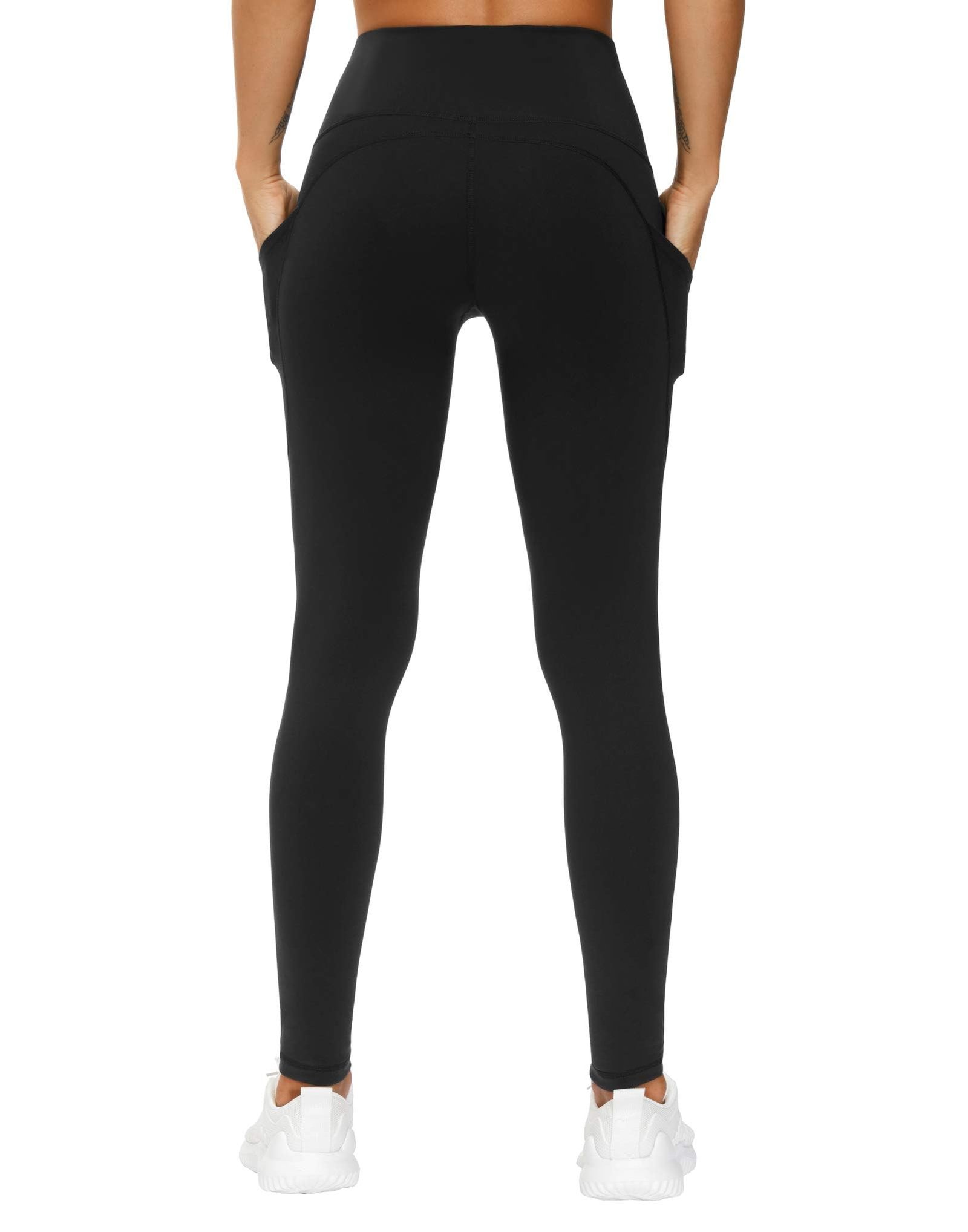 Women's Thick High Waist Yoga Pants with Pockets - Tummy Control / 4-Way Stretch / Black - Image 3