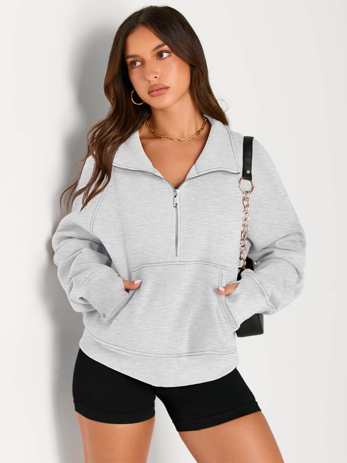 Women's Oversized Half-Zip Fleece Pullover Hoodie - Cozy Fall Sweatshirt / Grey - Image 3